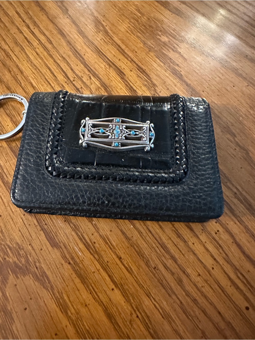 Brighton Black Leather Key Card Wallet with Turquoise Accent